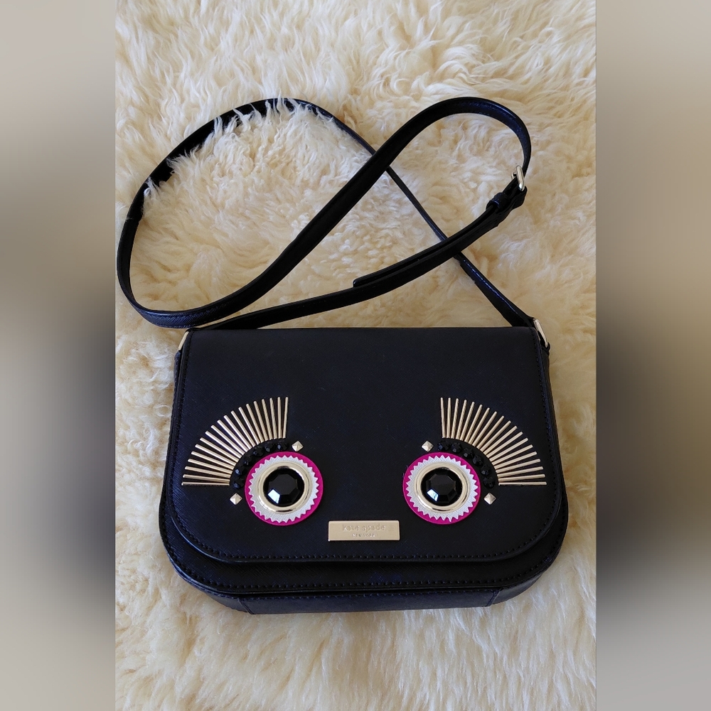 Kate Spade Warm And Fuzzy Monster Black Saffiano Leather Crossbody Bag